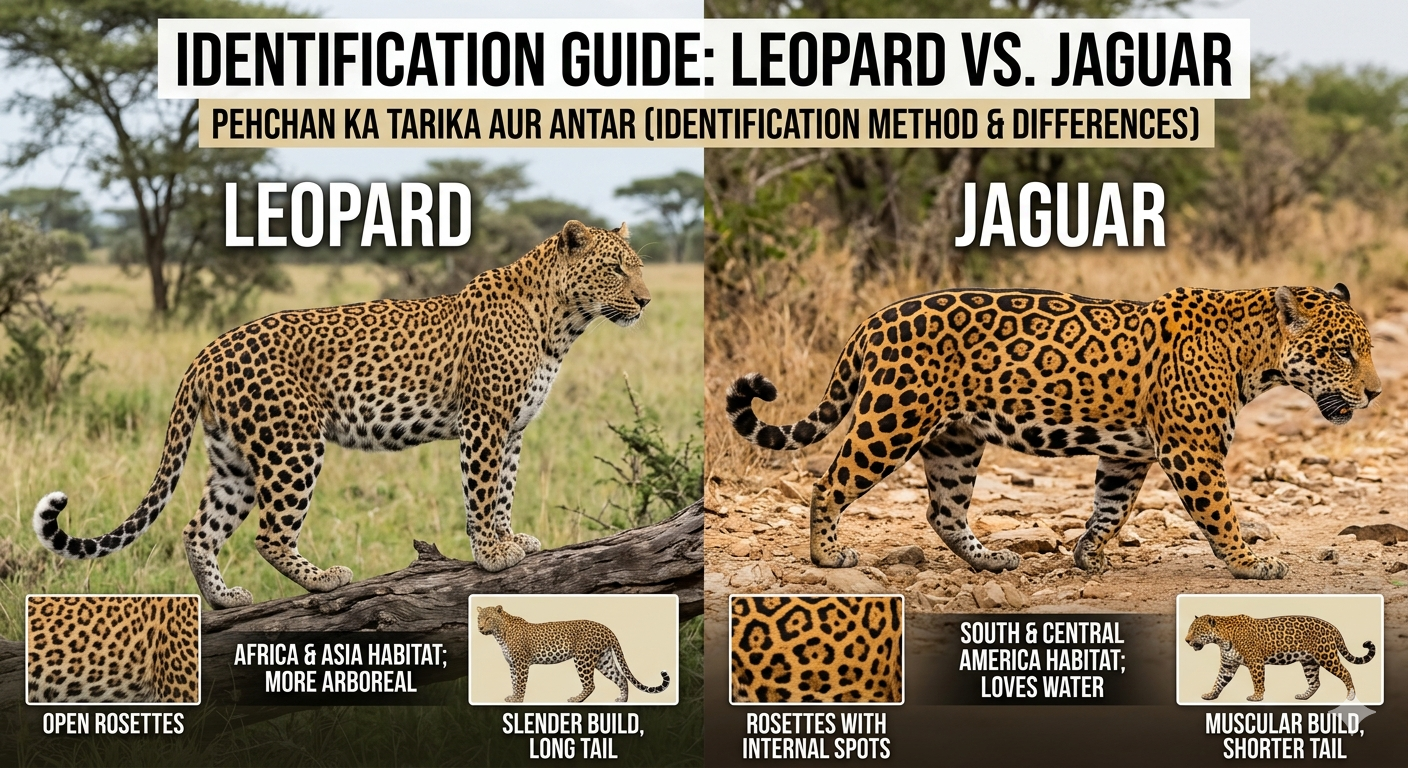 Leopard vs Jaguar comparison in jungle Close-up spots difference between leopard and jaguar Jaguar hunting near river in rainforest Leopard resting on tree branch Leopard and jaguar size comparison chart Jaguar face close-up showing rosette spots African leopard walking in forest Jaguar swimming in Amazon rainforest