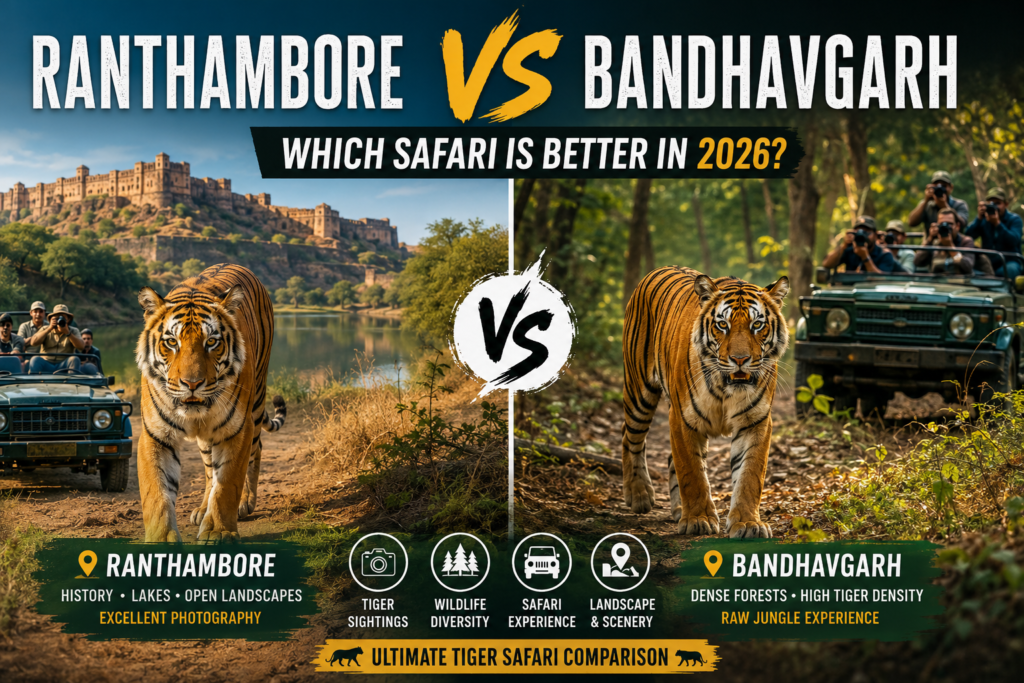 Comparison of Ranthambore and Bandhavgarh tiger safaris showing Bengal tigers, safari vehicles, and contrasting landscapes in India's top wildlife destinations.