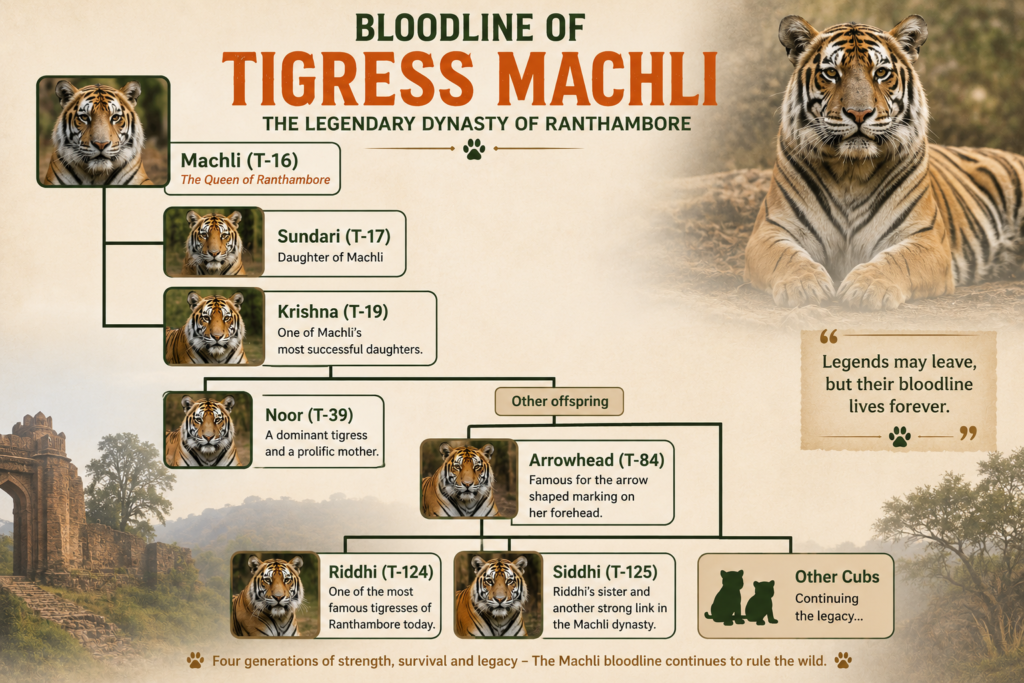 Family tree of Machli the legendary tigress showing Krishna, Noor, Arrowhead, Riddhi and Siddhi in Ranthambore National Park history of machli tigress