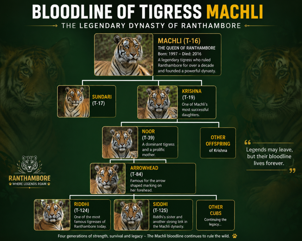 Family tree of Machli the legendary tigress showing Krishna, Noor, Arrowhead, Riddhi and Siddhi in Ranthambore National Park history of machli tigress
