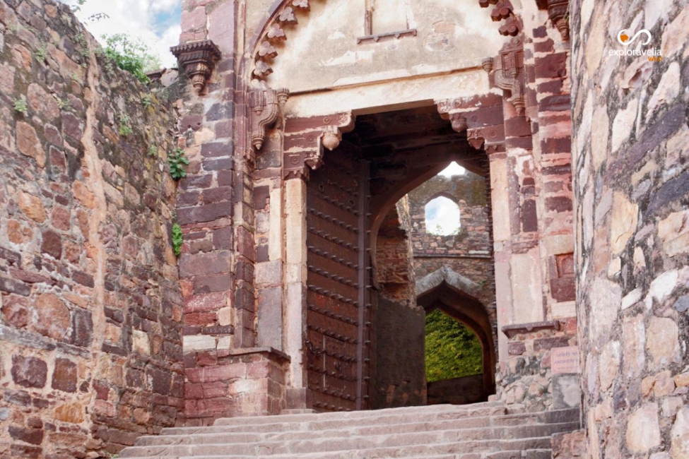 Bengal tiger standing near the historic Ranthambore Fort inside Ranthambore National Park, Rajasthan, showcasing India's iconic tiger territory and UNESCO World Heritage fortress.