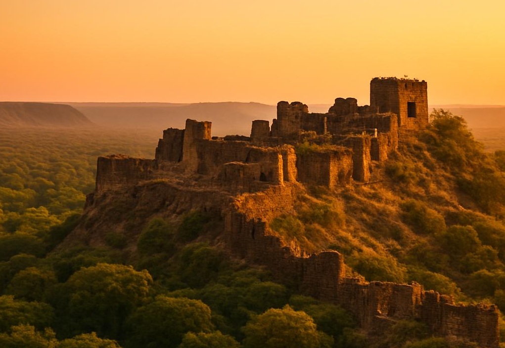 Bengal tiger standing near the historic Ranthambore Fort inside Ranthambore National Park, Rajasthan, showcasing India's iconic tiger territory and UNESCO World Heritage fortress.