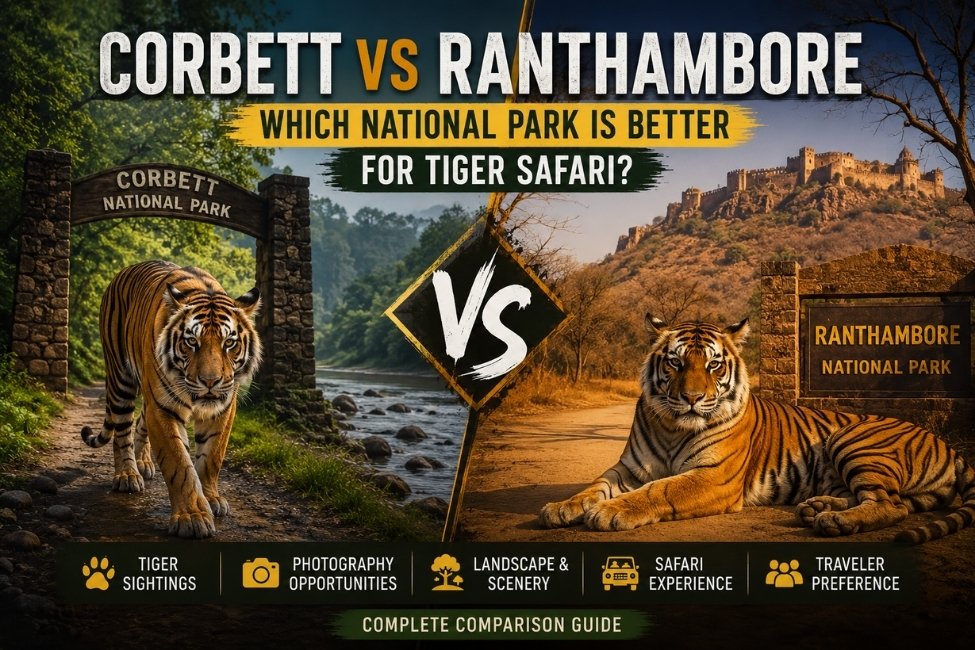 Corbett vs Ranthambore National Park comparison Tiger safari in Ranthambore National Park Jim Corbett National Park wildlife safari Bengal tiger in Ranthambore Corbett forest landscape Ranthambore tiger photography Best tiger safari in India Corbett vs Ranthambore safari guide