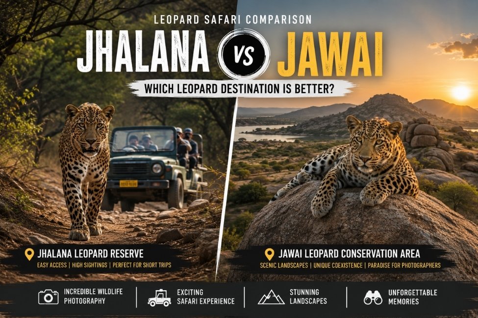 Split comparison of Jhalana Leopard Reserve and Jawai Leopard Conservation Area featuring leopards, safari jeep, rocky landscapes, and wildlife photography in Rajasthan.