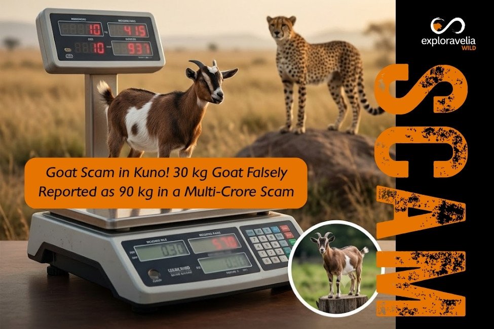Cheetah at Kuno National Park with inset image of a goat, representing the Kuno goat meat scam and cheetah feeding fraud allegations